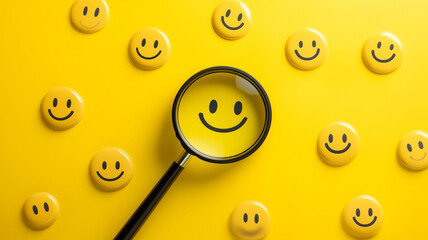 Fototapeta premium Zooming In on a Smiling Emoticon Surrounded by Feedback Faces for Customer Review Satisfaction Concept (1)