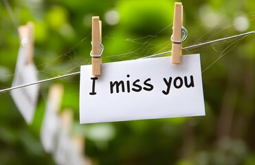 Romantic Note Hanging Outdoors I Miss You Message on Clothesline