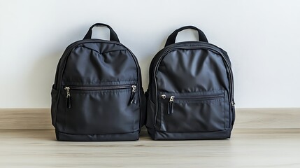 Naklejka premium Two black backpacks on a light floor