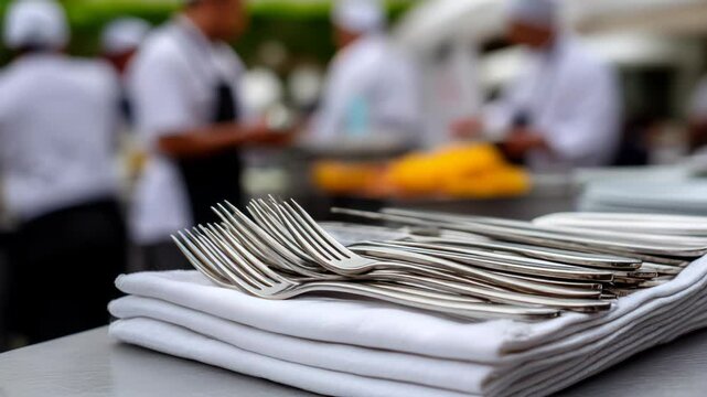 Elegant forks and polished silverware arranged on white napkins, enhancing dining experience as chefs engage in food preparation, creating vibrant restaurant atmosphere.