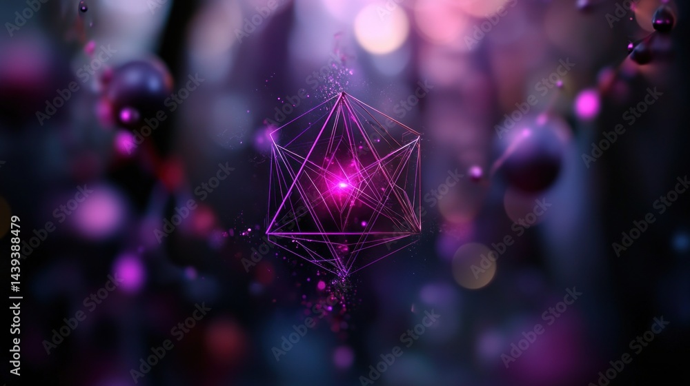 Sticker abstract geometric form, floating in space, with particles, soft focus background. possible use scie