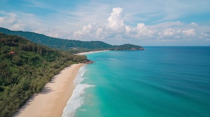 Stunning tropical beach landscape with azure ocean and lush green hills sea sky sand blue view calm