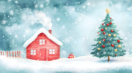 christmas, winter, snow, house, tree, landscape, holiday, xmas, illustration, season, vector, night, cold, snowflake, home, card, village, celebration, scene, nature, sky, blue, new, decoration, snowm