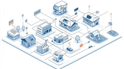 Obraz premium Urban Landscape with Modern Buildings and Streets in a Minimalist Outline Illustration Style