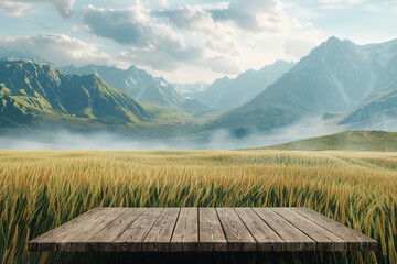 A scenic view of a lush green field in the foreground with a wooden platform, leading to a range of mist-covered mountains under a partly cloudy sky, creating a serene and picturesque landscape.