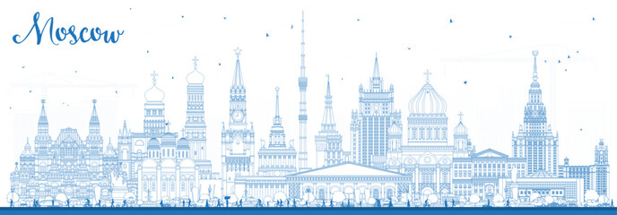 Outline Moscow Russia city skyline with blue buildings. Moscow cityscape with landmarks. Travel and tourism concept with modern and historic architecture.