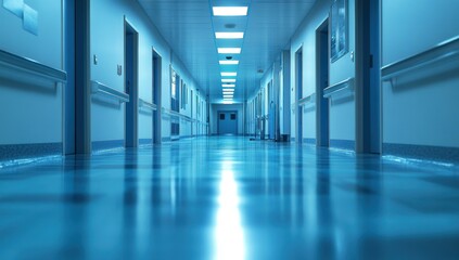 Fototapeta premium illuminated hospital corridor reflecting light on the polished floor creating depth showcasing a medical environment and design aspects