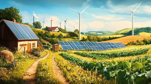 A green energy farm with solar panels and wind tur
