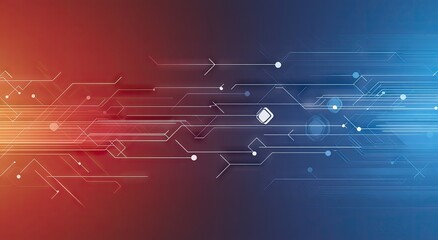 Abstract circuit board design with red and blue gradient background.