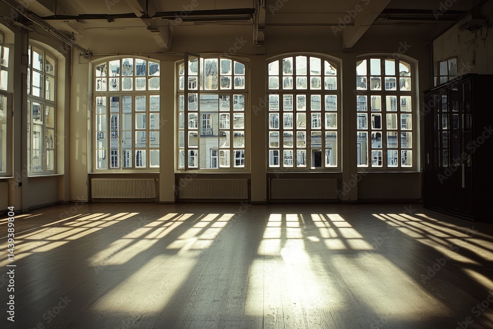 Poster sunlight streams through large windows, illuminating a spacious, empty room
