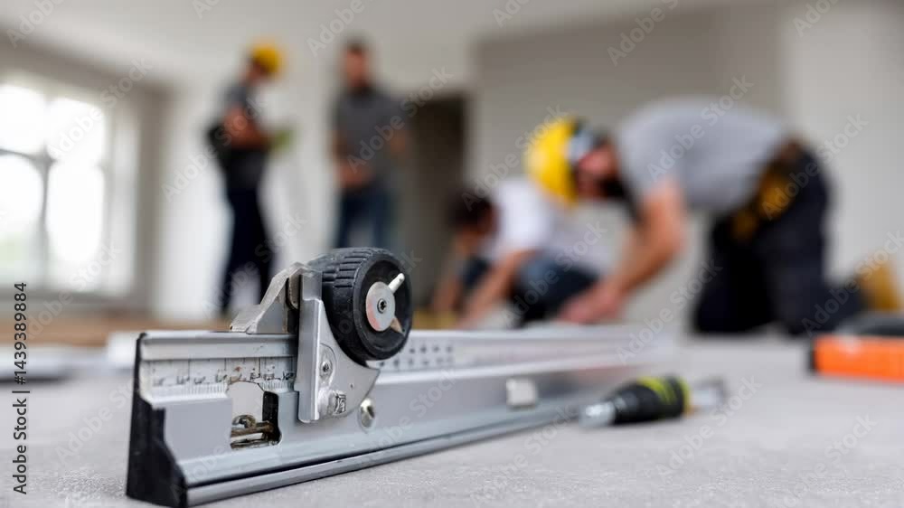 Poster precision and teamwork in construction workers utilizing measuring tools for renovation in modern in
