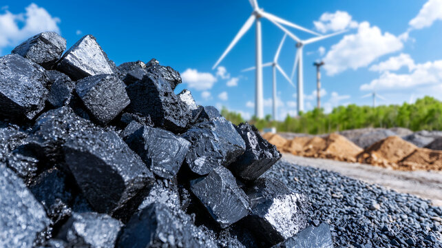 Coal pile in foreground with wind turbines in background, showcasing renewable energy and traditional energy sources
