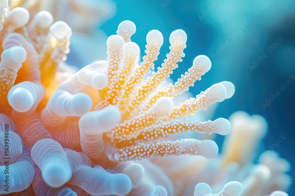 Poster close-up of vibrant coral polyps, showcasing intricate details and textures of this underwater ecosy