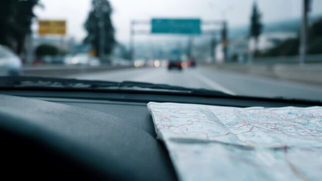 Exploring Journey Close Up of Map on Dashboard of Car, Navigating Highway with Blurred Vehicles in Motion for Adventurous Travel Experience.