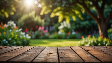 wooden table in garden