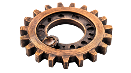 Intricate bronze gear on clear backdrop