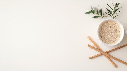 Overhead View of Coffee Cup Breadsticks and Herbs on White Table