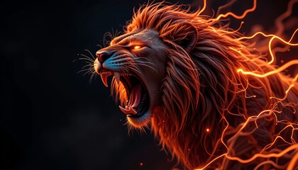 Roaring Dangerous Angry Aggressive Hunting Lion Animal Plexus Neon Black Background Digital Desktop Wallpaper HD 4k Network Light Glowing Laser Motion Bright Abstract.
