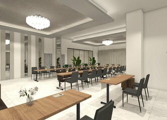 Stylish 3D meeting space design for a hotel, complete with a wooden meeting table.