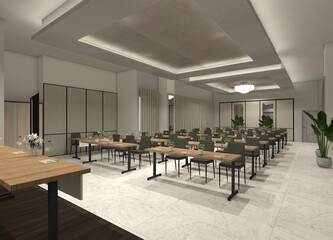 Detailed 3D illustration of a modern and expansive conference room interior.