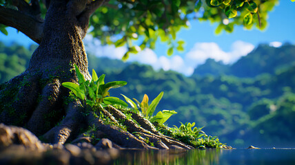 Fototapeta premium serene tree with lush green leaves stands by tranquil body of water, surrounded by vibrant foliage and distant hills