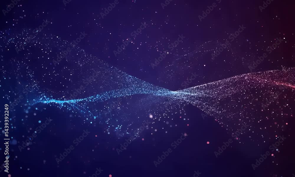 Poster abstract digital wave of glowing particles and energy flows in a dark background.