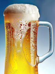 A glass of golden beer with a frothy white head, filled with small bubbles. The beer's clear, amber hue and the condensation on the glass suggest a refreshing and cold beverage.