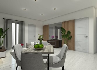 3D interior design of a living room featuring a minimalist wooden dining table.