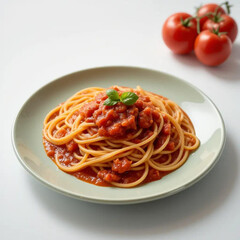 Serving of Spaghetti with Tomato Sauce and Basil on Plate