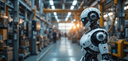 Fototapeta premium robot in modern industry, banner with copy space, photorealistic.
