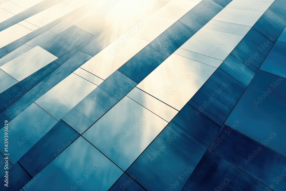 Poster abstract geometric pattern of a modern building's facade with blue and white panels under sunlight.