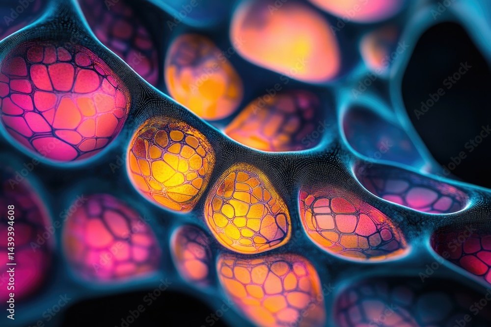 Leinwandbilder Abstract image depicting a vibrant, interconnected network of glowing, cellular structures with a bioluminescent quality.
