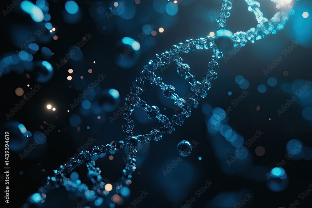 Poster dna helix in a dark background with glowing particles