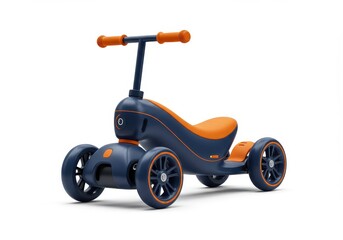 A blue and orange four-wheeled scooter with a seat and handlebars isolated on a white background