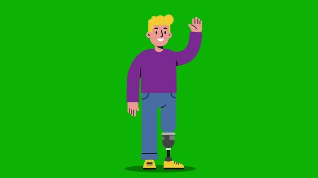 Looping animation of a light-skinned blonde man with a prosthetic leg, waving in a purple sweater and light blue pants. He stands on a green chroma key background. Perfect for educational animation se