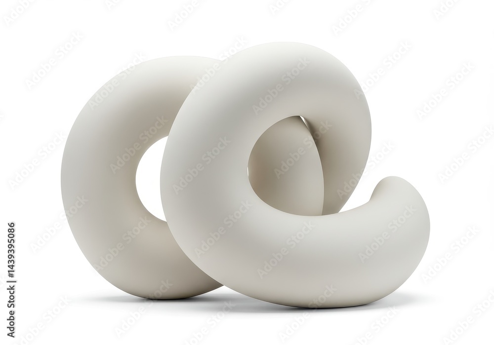 Poster two abstract white torus shapes interlocked on a white background creating a sculptural composition