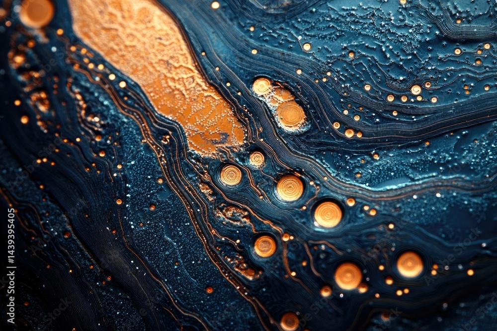 Aufkleber Abstract image of swirling teal and gold patterns resembling a microscopic view of a circuit board or fluid dynamics.
