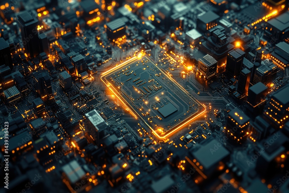 Poster close-up of a complex circuit board, glowing with orange highlights, showcasing intricate technologi