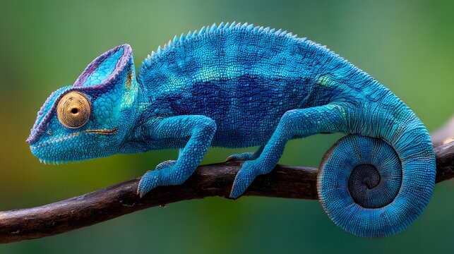 Vibrant Blue Panther Chameleon on a Branch in Lush Green Nature