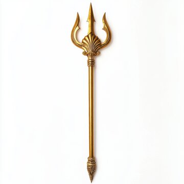 Golden trident with shell detail on white background