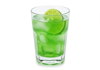 Green beverage with ice cubes and a lime slice in a clear glass on a white background