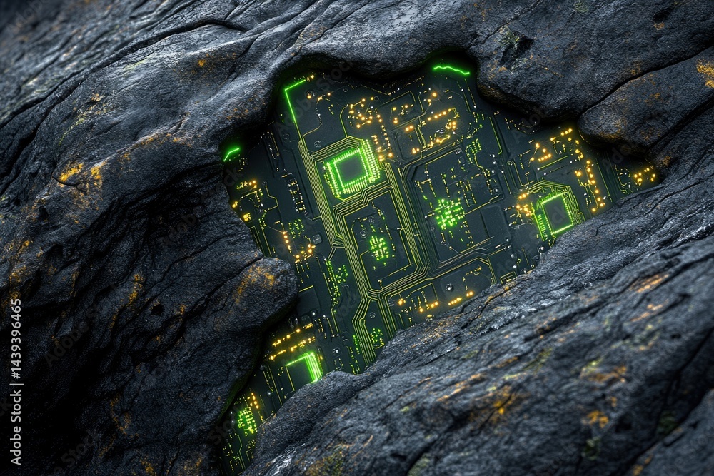Poster a glowing circuit board is embedded within a dark, rough rock surface, suggesting technological disc