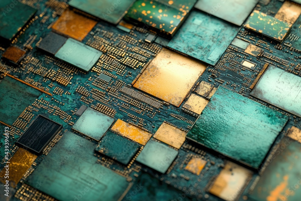 Aufkleber A close-up view of a circuit board with many integrated circuits, showcasing intricate details and a weathered, aged aesthetic.