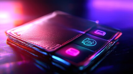 Futuristic wallet, neon lights, dark background, digital money