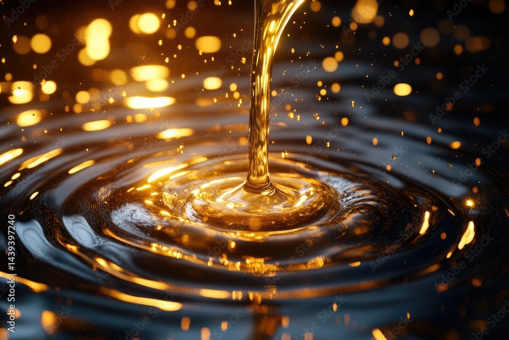 Aufkleber Golden liquid pouring, creating mesmerizing concentric ripples and sparkling droplets.