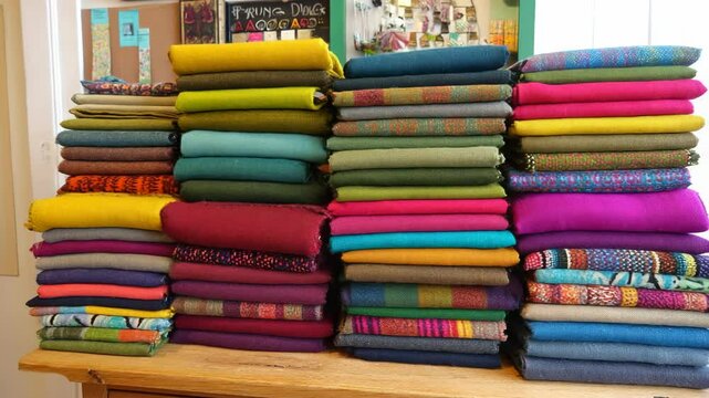 Colorful stacks of fabric displayed in a vibrant textile shop showcasing textile patterns and textures