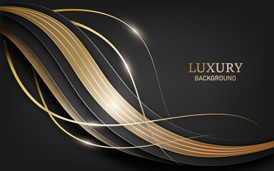 Luxurious abstract background featuring flowing black and gold curved lines with elegant highlights