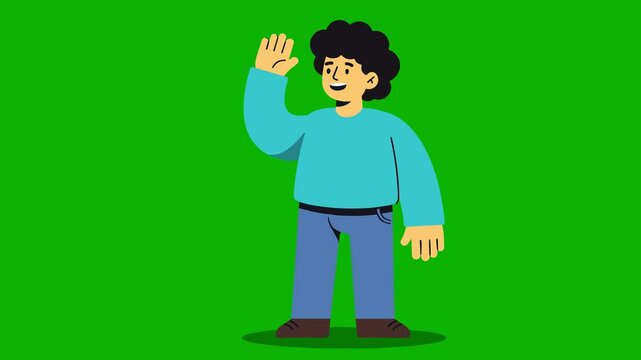 Cartoon man with tan skin, curly dark hair, a teal sweater and denim jeans, waving on a green screen background. Great for educational projects, presentation tools, and animated characters for inclusi