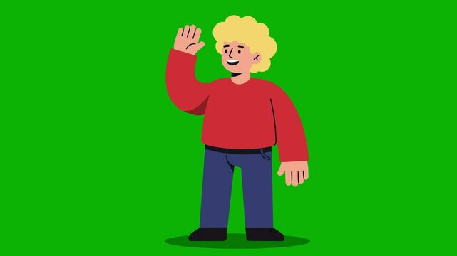 Cartoon-style man with fair skin and fluffy blonde hair, wearing a red sweater and dark pants, waves cheerfully on a green screen background. Ideal for school content, character intros, and inclusive 