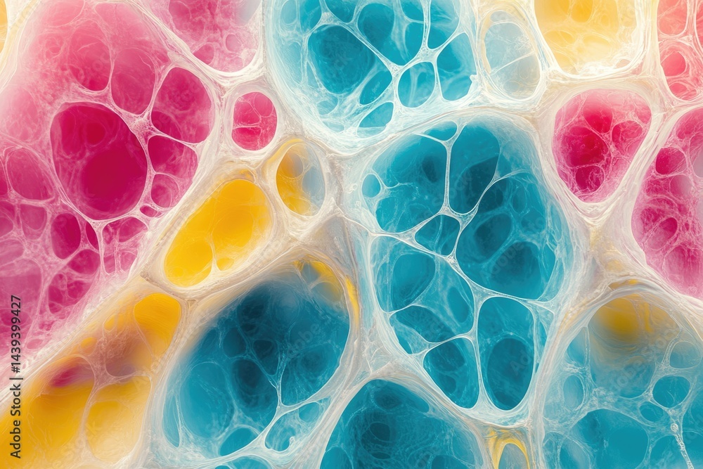 Poster abstract colorful network of interconnected cells, resembling a biological structure or vibrant cosm